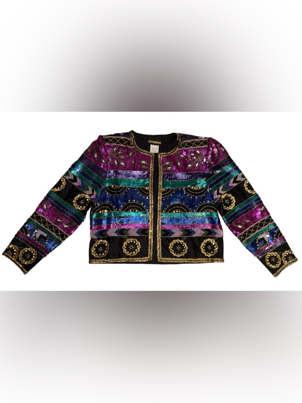 VTG Parisian Works Multicolor Silk Sequin & Embroidered Open-Front Jacket, XL - Picture 2 of 10